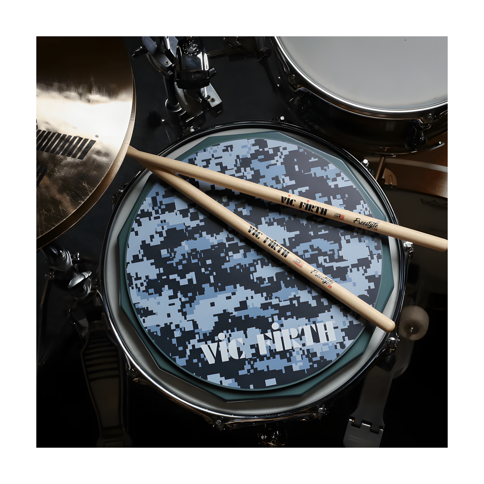 Display of Vic Firth VXPPDC06" Single Sided Practice Pad - Digital Camo 
