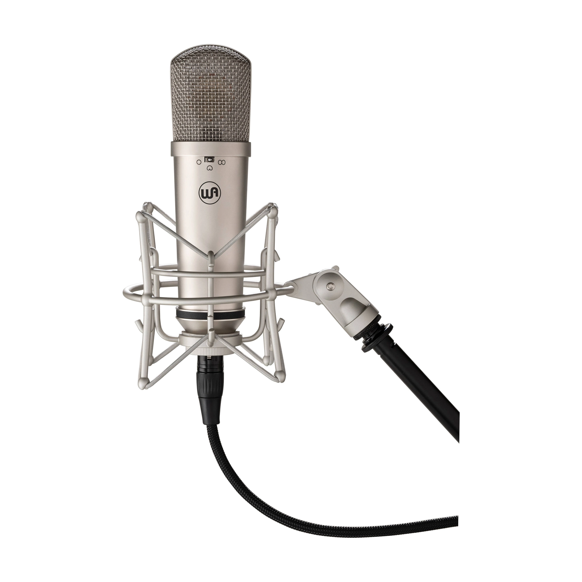 Warm Audio WA-87JR studio vocal microphone - nickel, on mic mount, front view