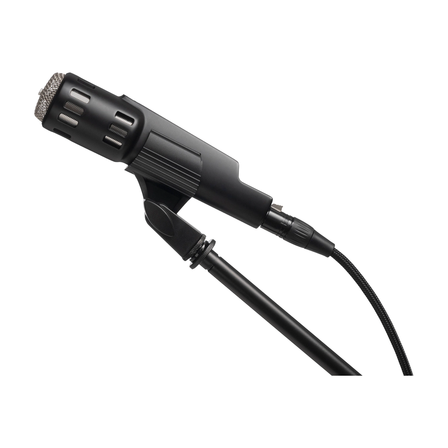 Warm Audio Retro 64 Dynamic Microphone For Vocals And Instruments - Black on mic stand, side view