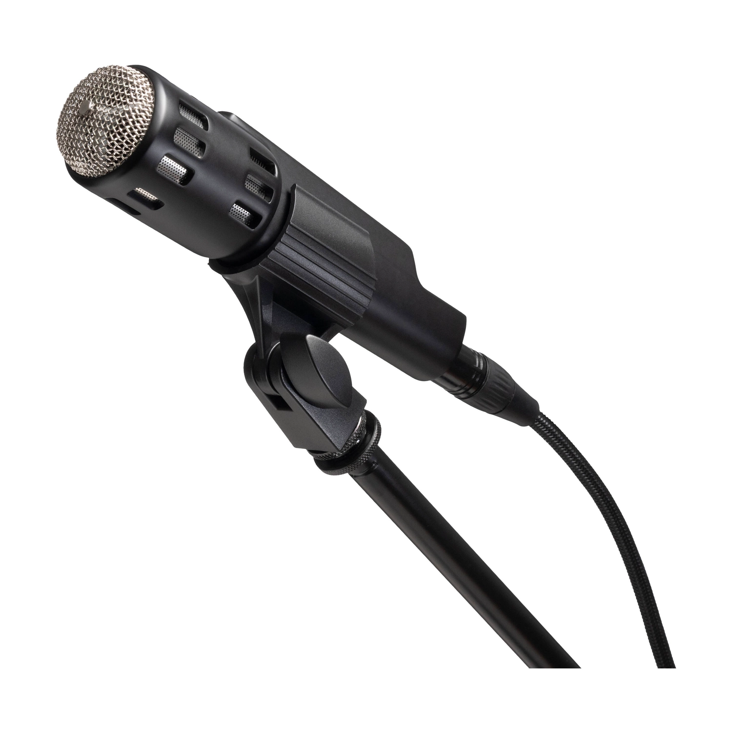 Warm Audio Retro 64 Dynamic Microphone For Vocals And Instruments - Black on mic stand, front side angle view
