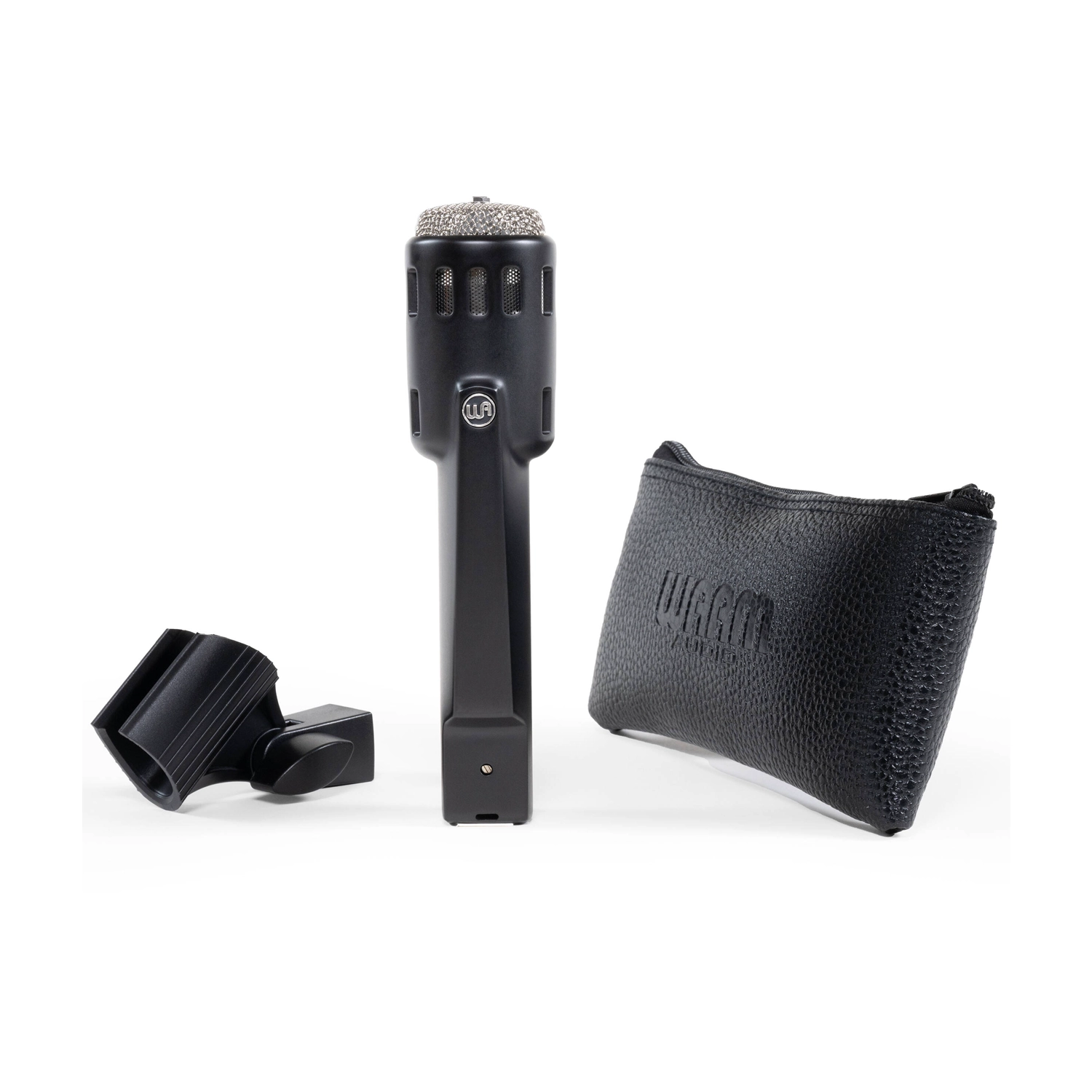 Warm Audio Retro 64 Dynamic Microphone For Vocals And Instruments - Black, mic, mount and bag, front view
