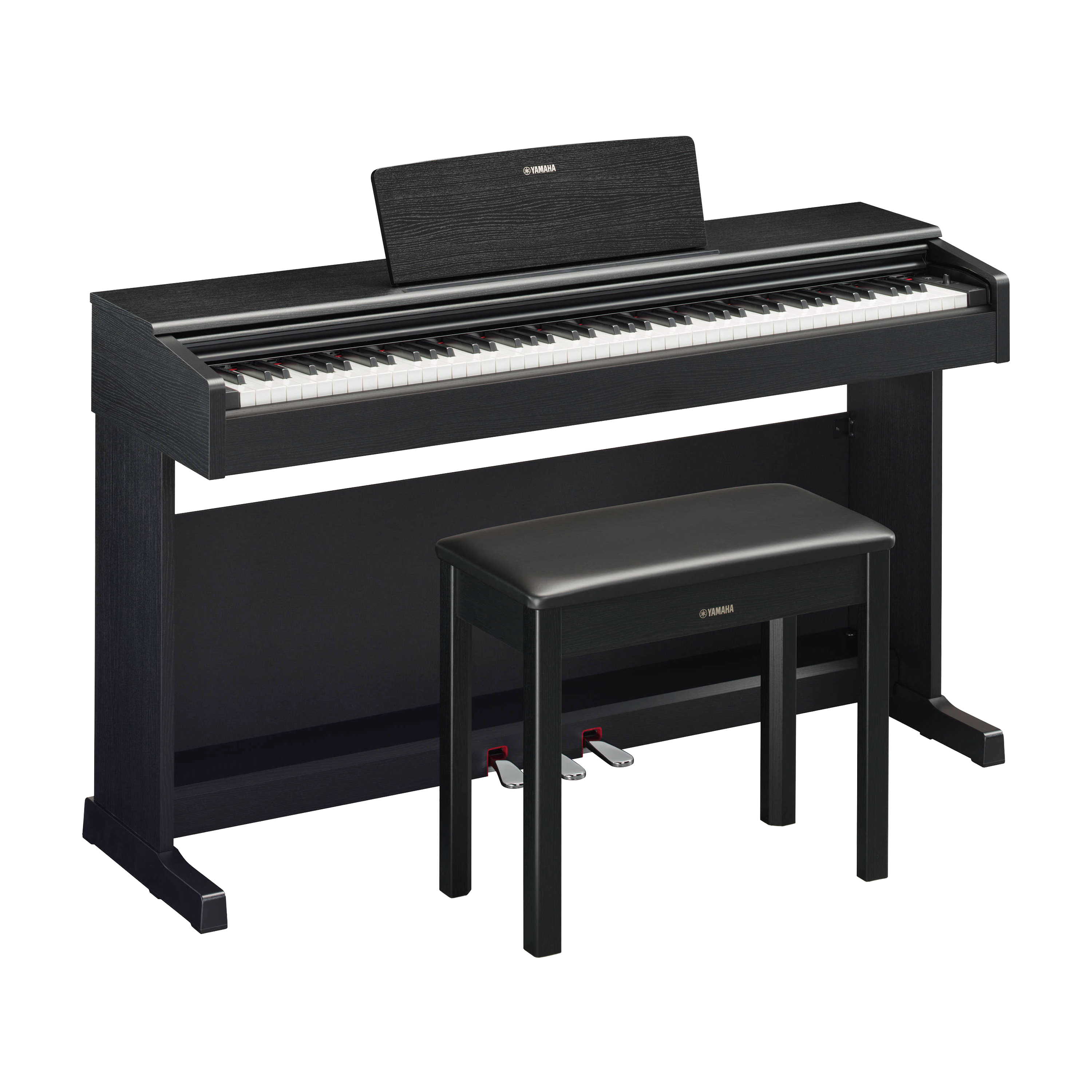 Black digital piano with matching bench on a white background