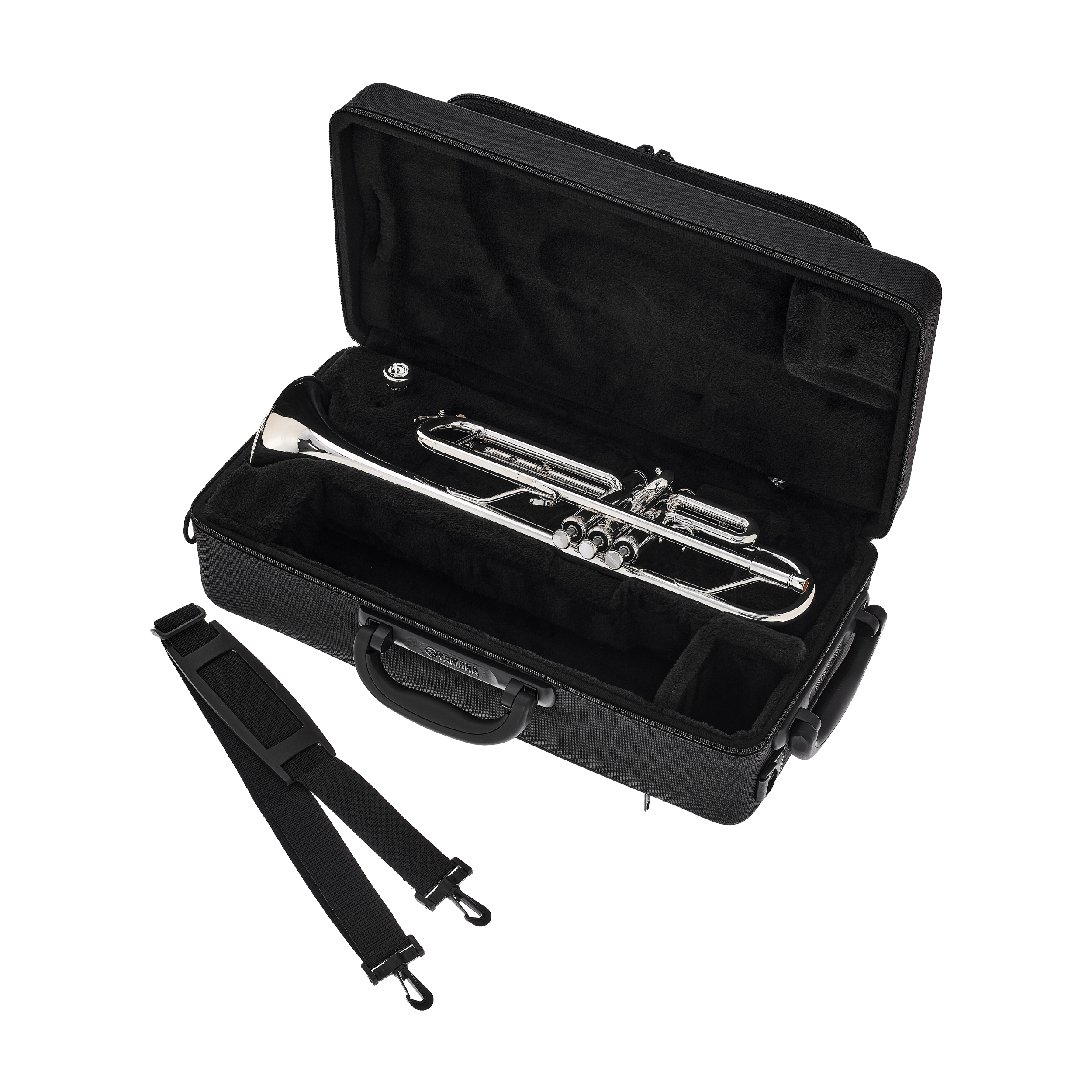 Yamaha YTR-6335RCS full view of the open case, strap and trumpet inside
