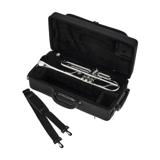 Yamaha YTR-6335RCS full view of the open case, strap and trumpet inside