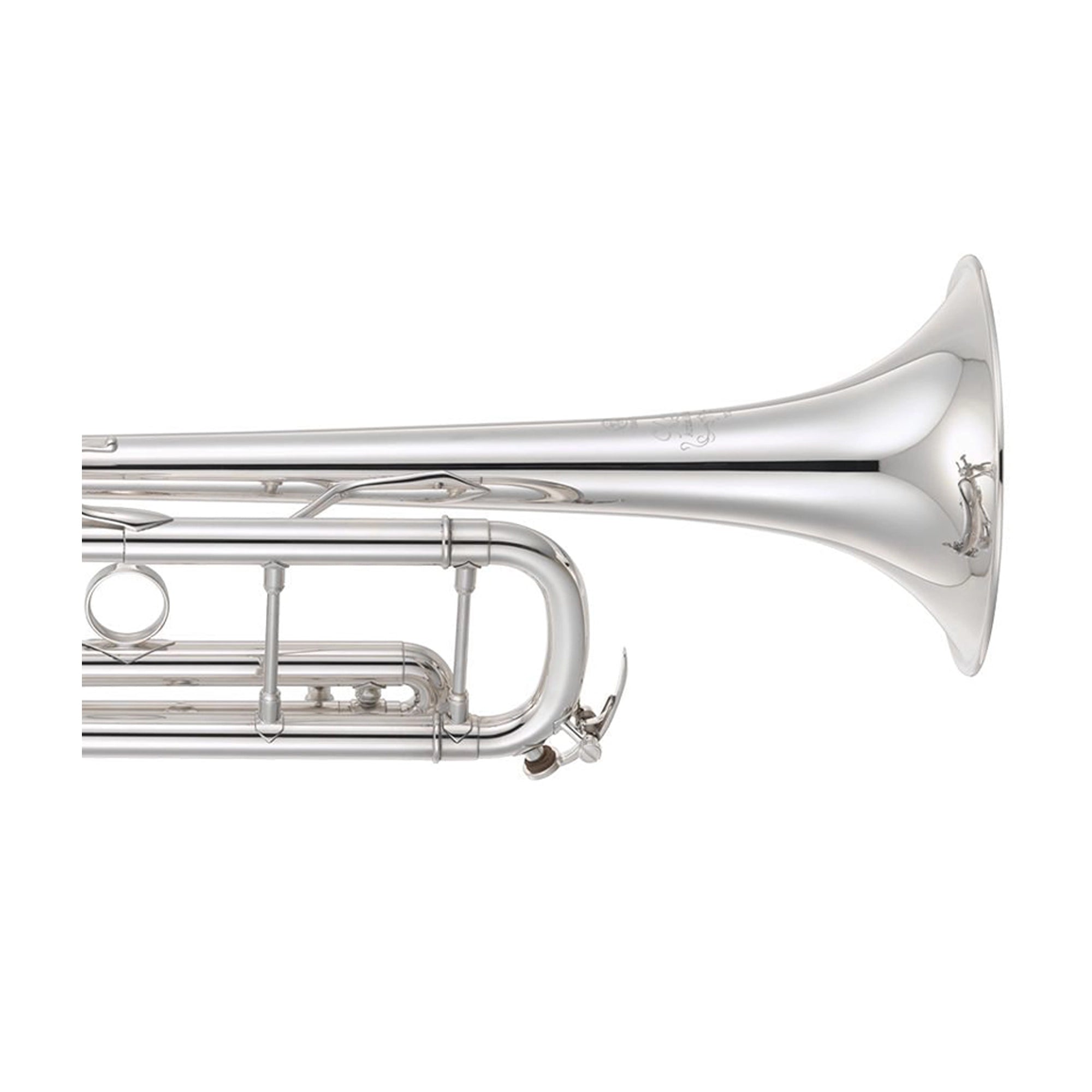 Yamaha YTR-9335CHS-BR silver plated finish close up view of the trumpet