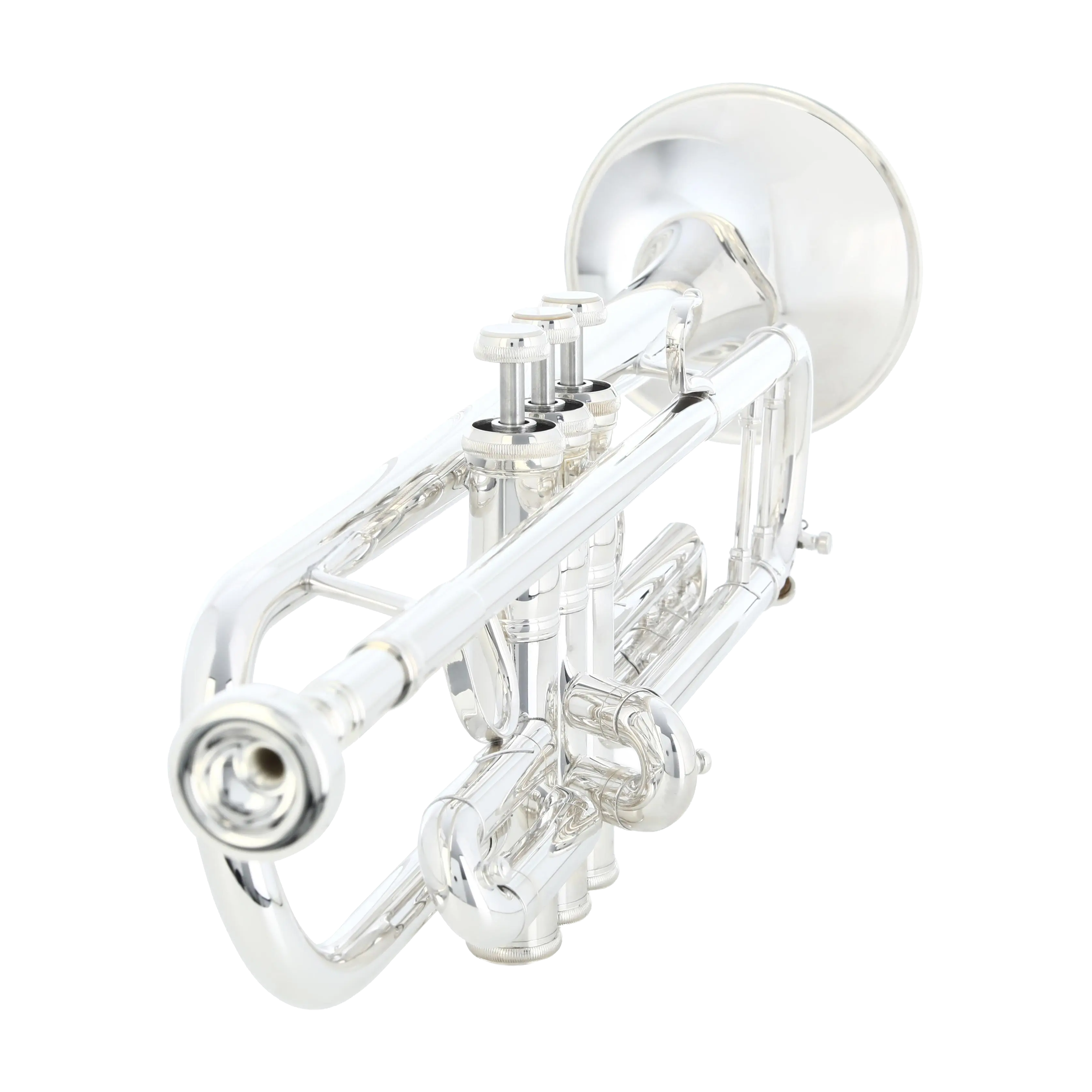 Yamaha YTR-9335NYS-BR silver plated finish close up view of trumpet from the mouthpiece