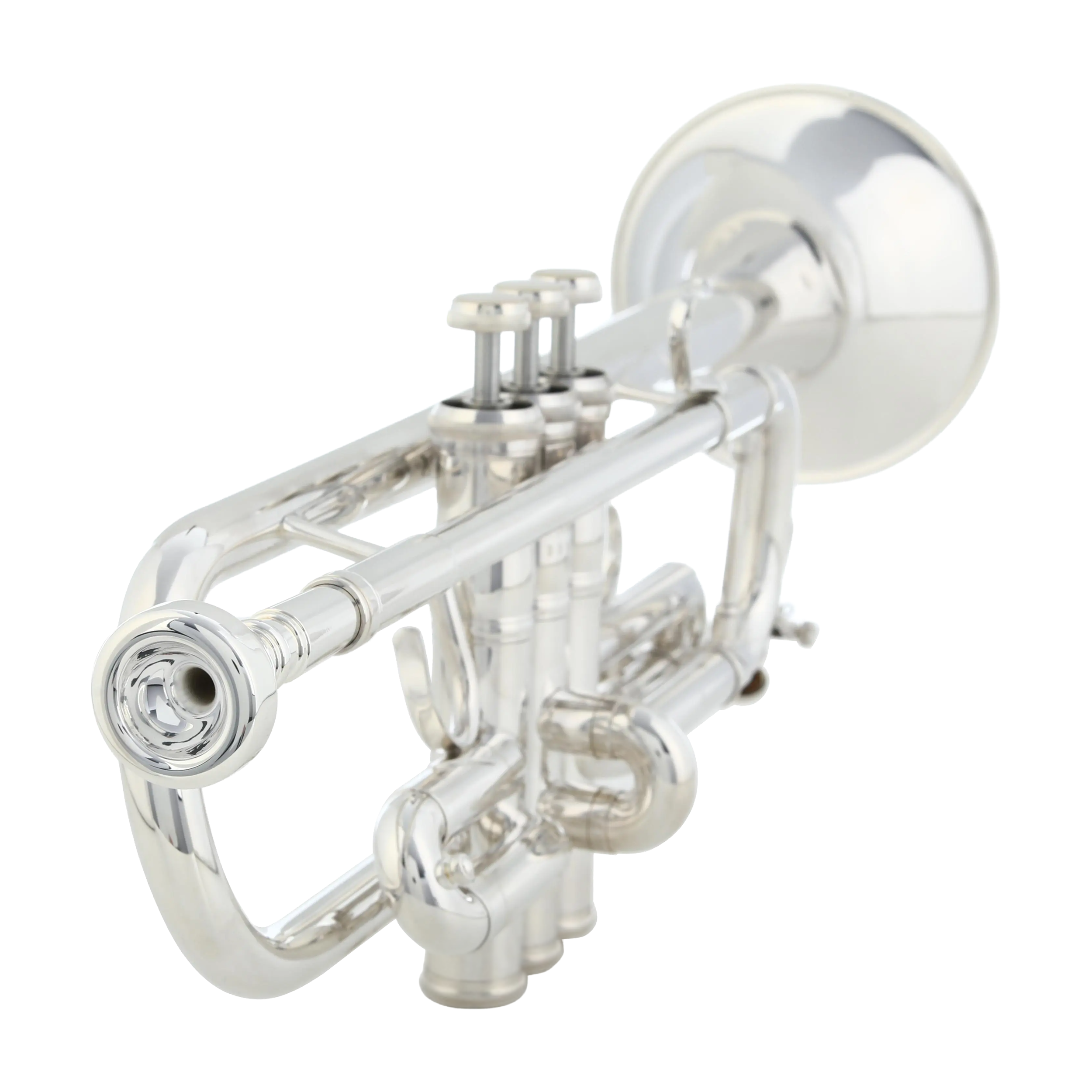 Yamaha YTR-9445CHS-BR silver plated finish close up view of trumpet from the mouthpiece