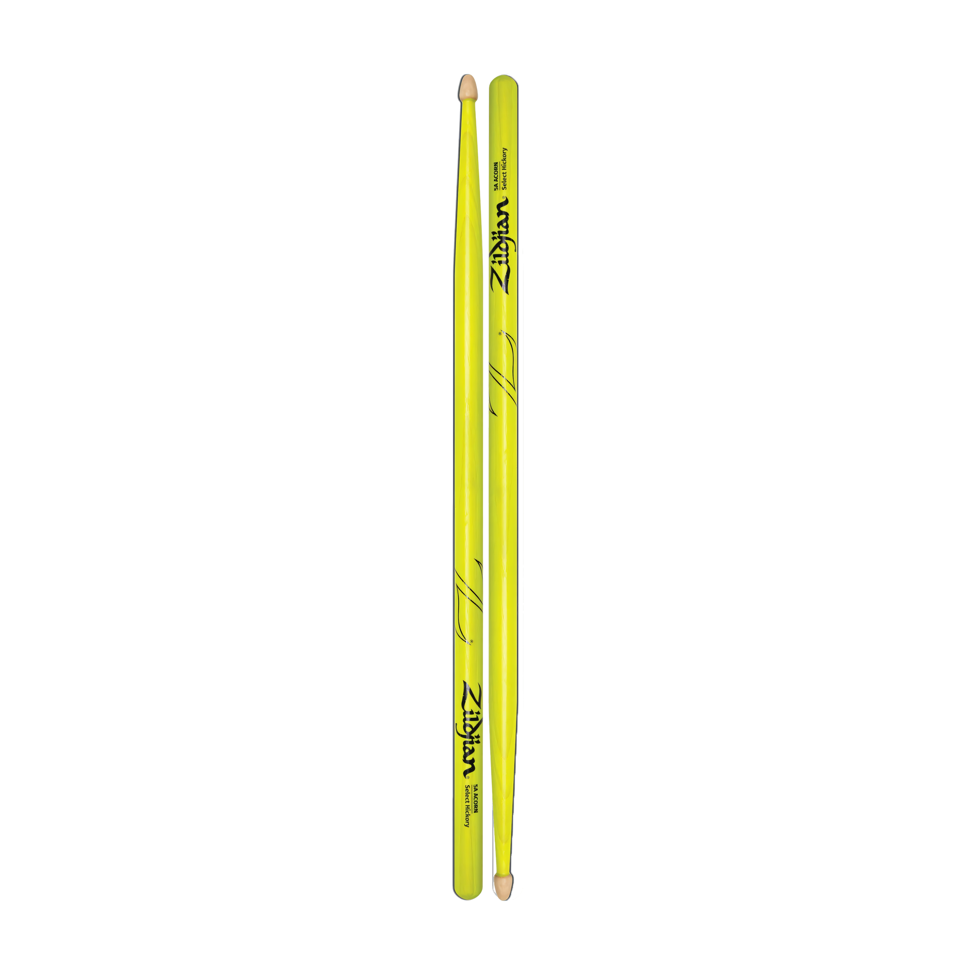Full view of Zildjian Z5AACDGY 5A Acorn Neon Yellow Drumsticks