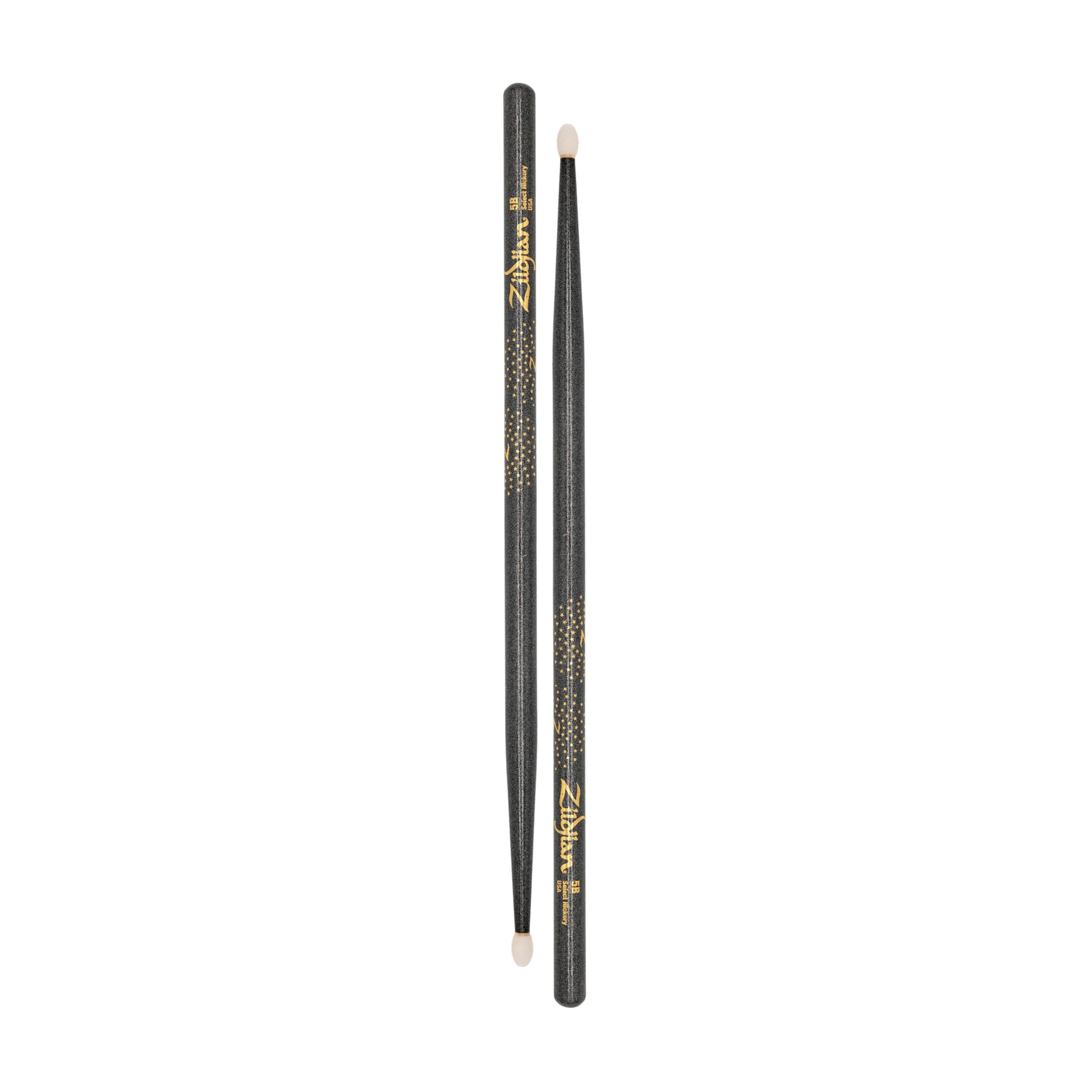 Two black drumsticks with gold text on a white background