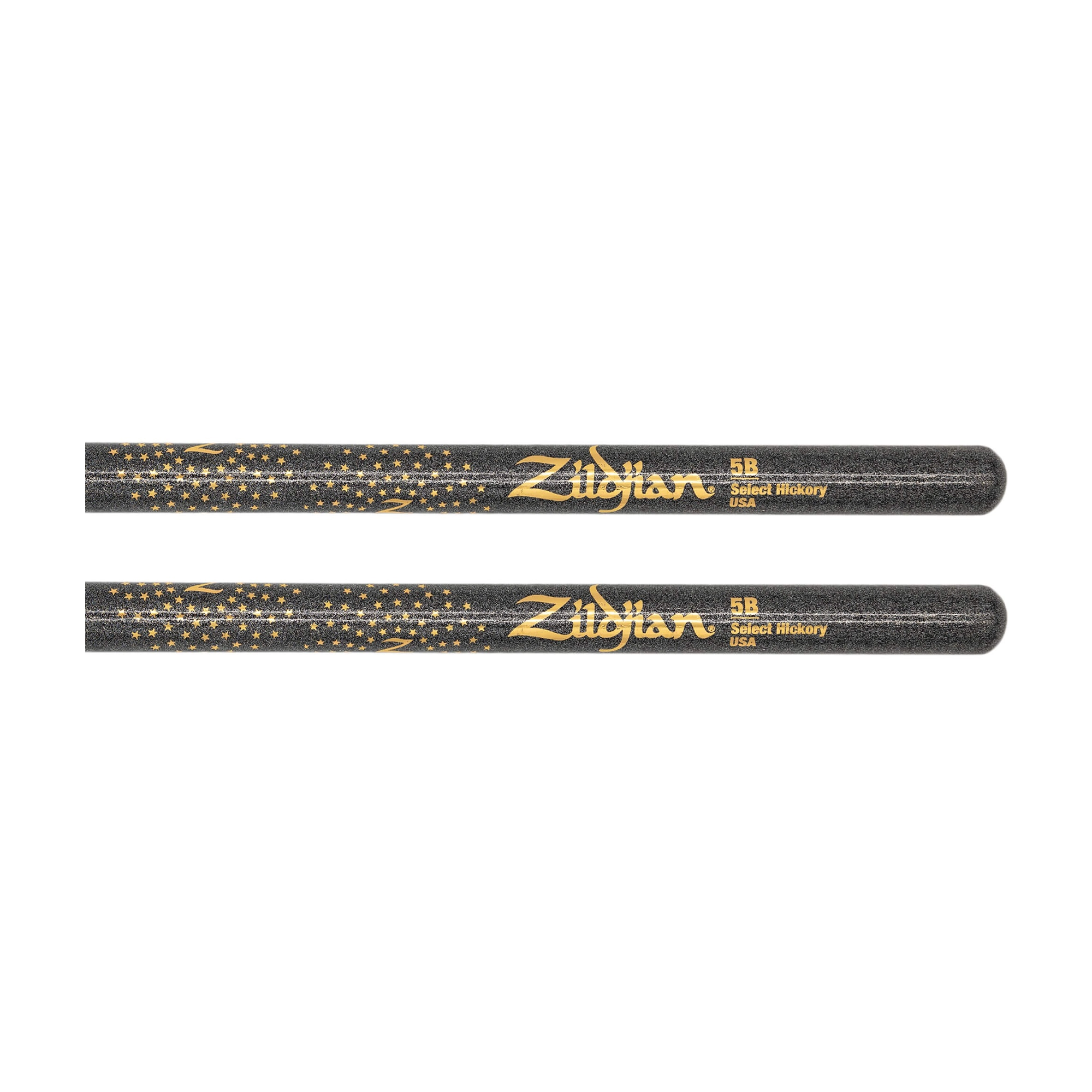 Two Zildjian drumsticks with gold text on a white background