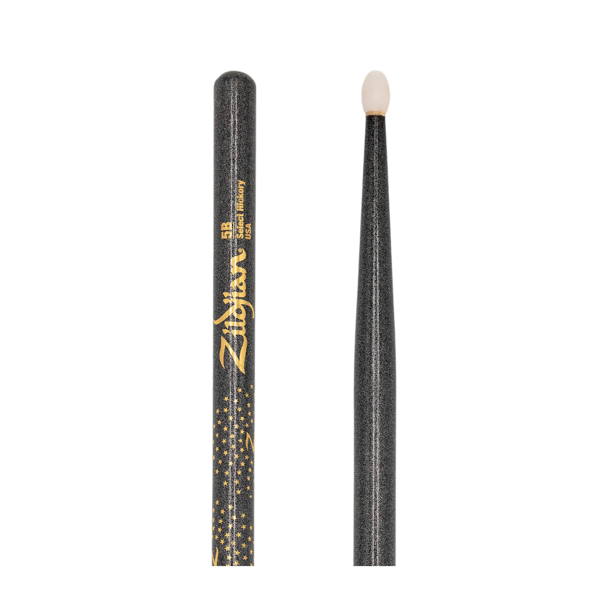 Pair of black drumsticks with gold logo on a white background