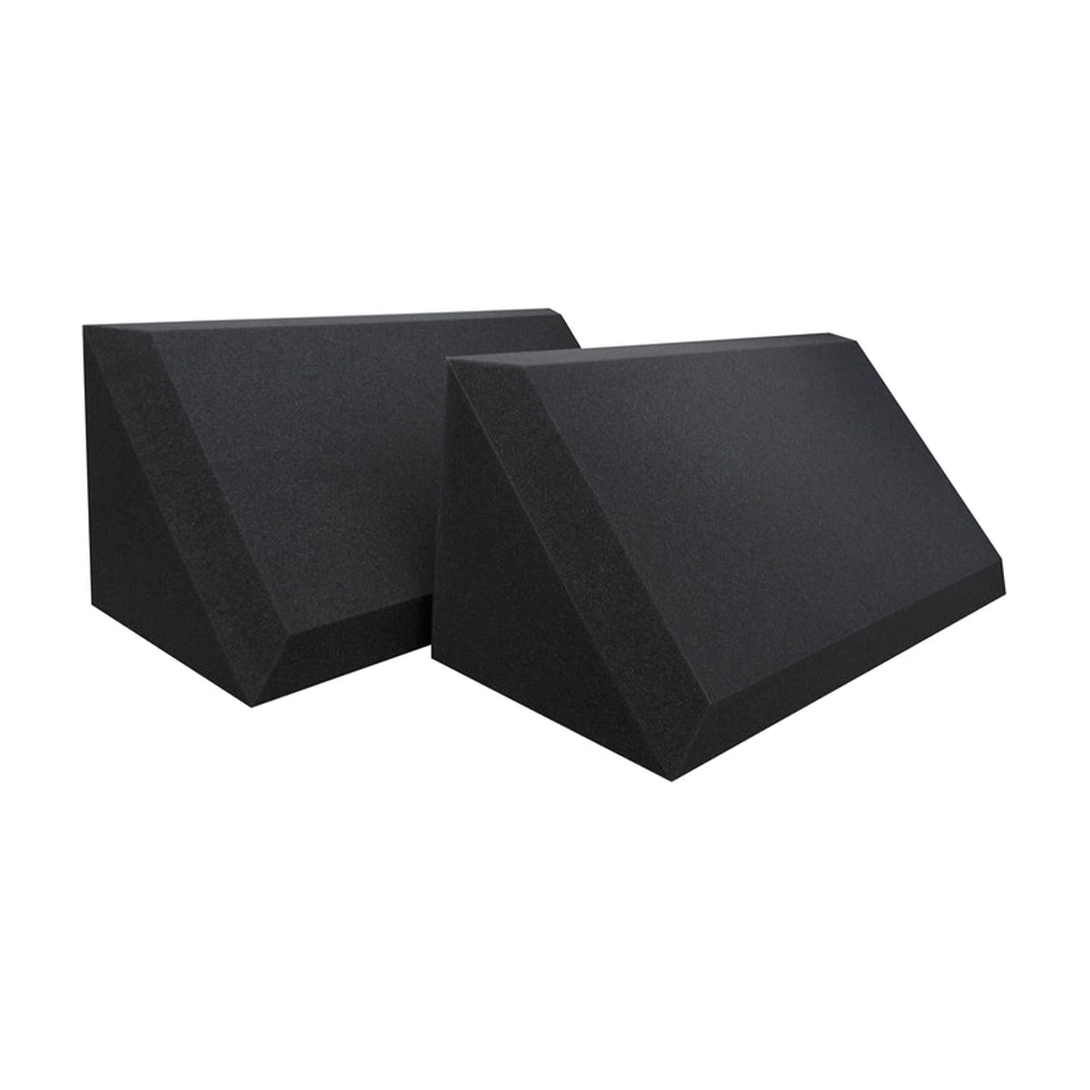 Professional acoustic bass traps with a beveled design lying flat