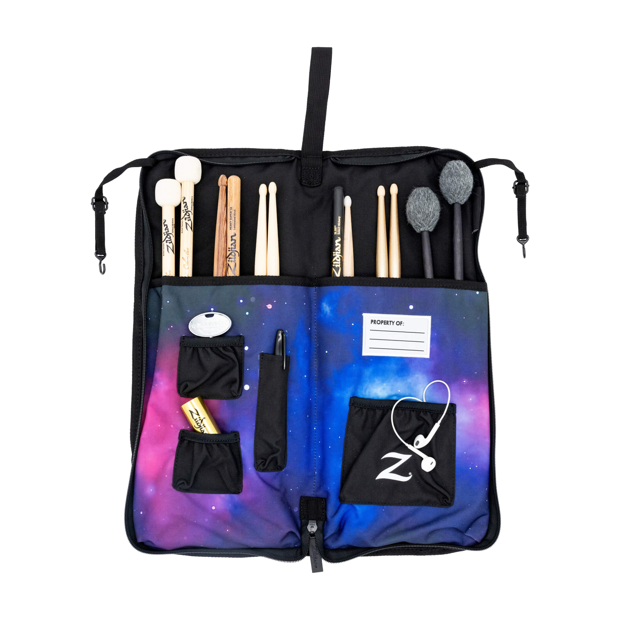 View of Stick bag open with sticks and accessories