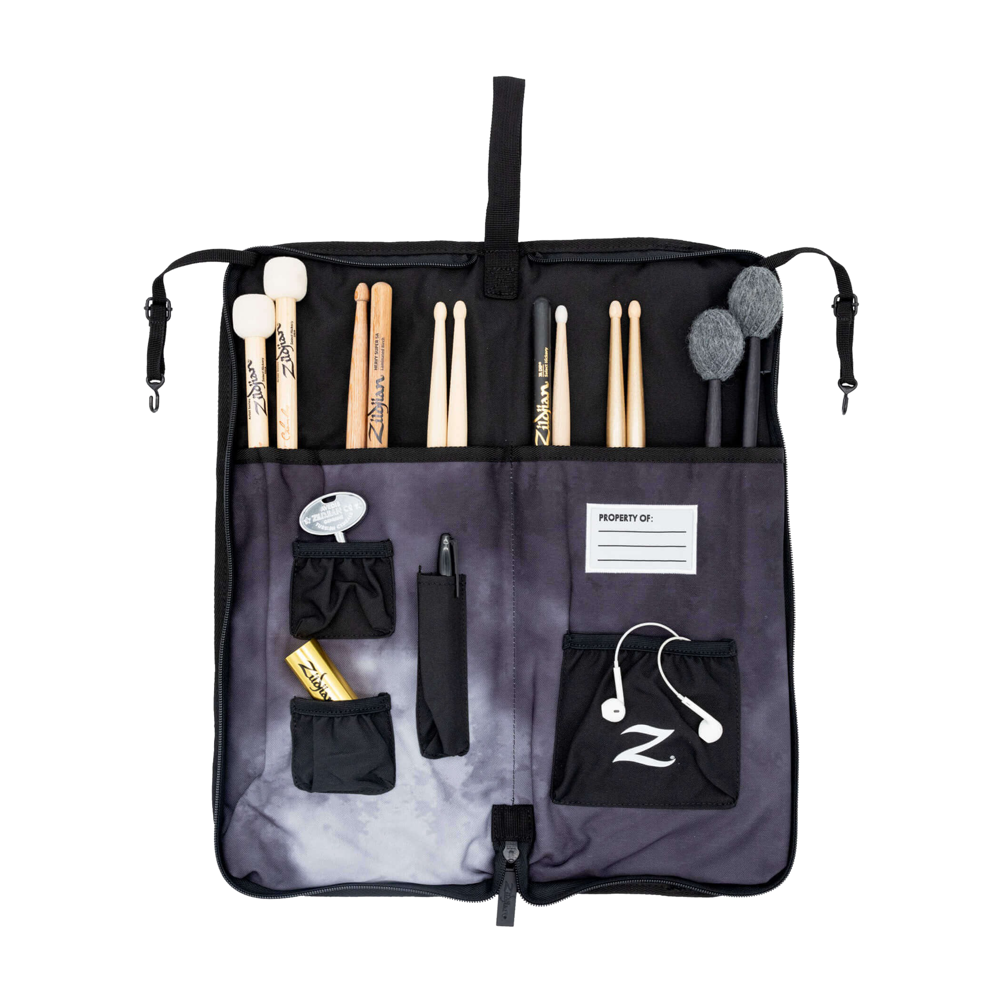 View of Stick bag open with sticks and accessories