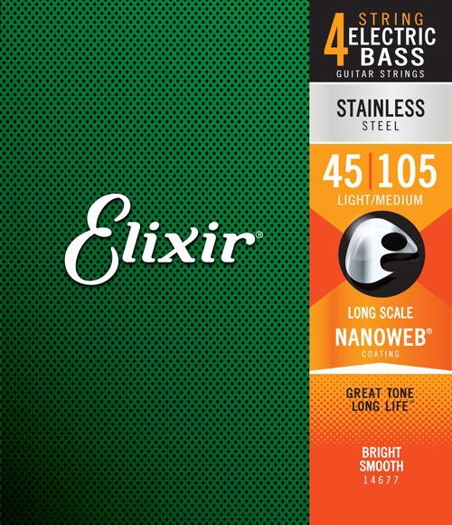 Cuerdas Elixir 14677 Nanoweb .045-.105 Nanoweb Ligera/Media Tensión Cuerdas de Bajo Eléctrico, Acero Inoxidable - Escala Larga