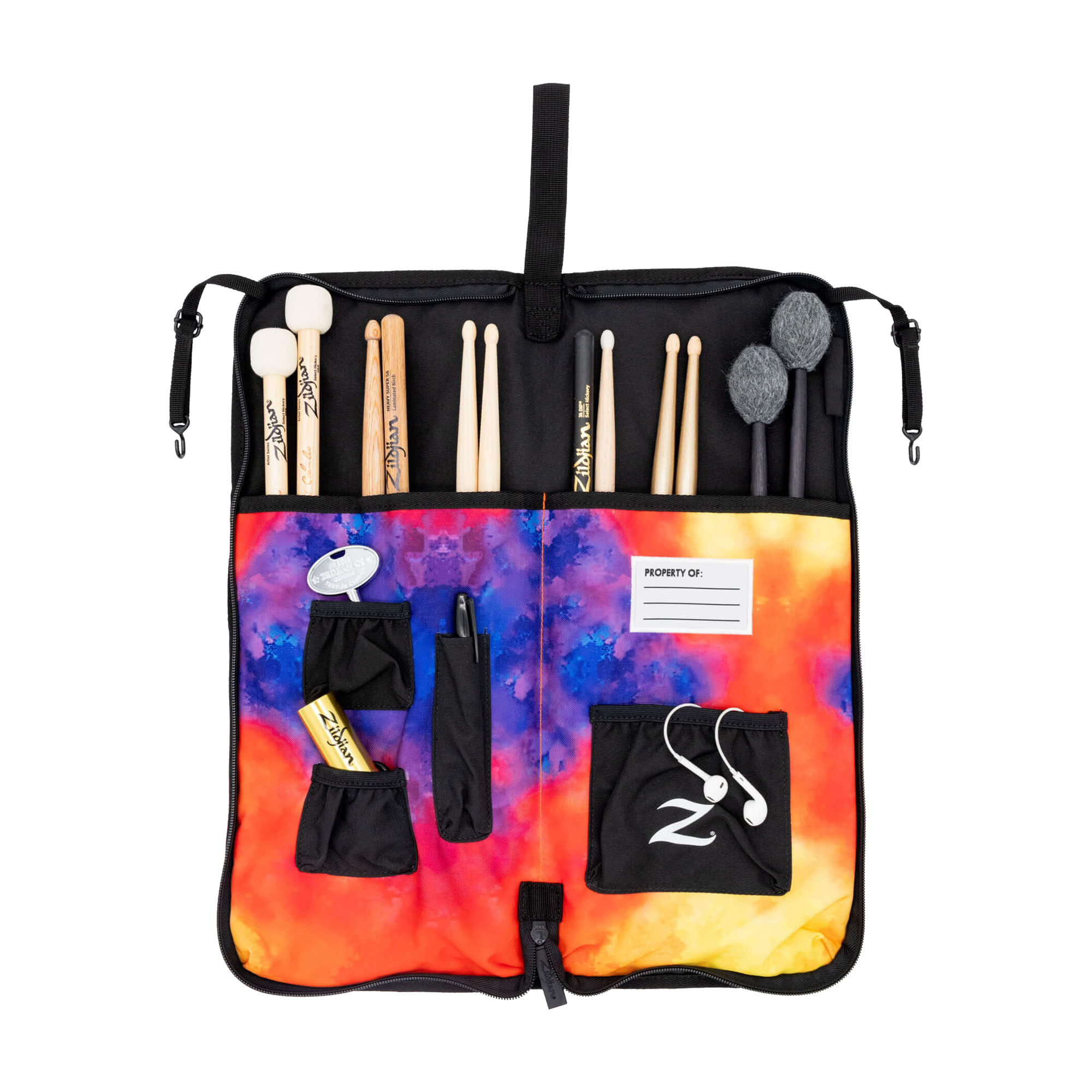 View of Stick bag open with sticks and accessories
