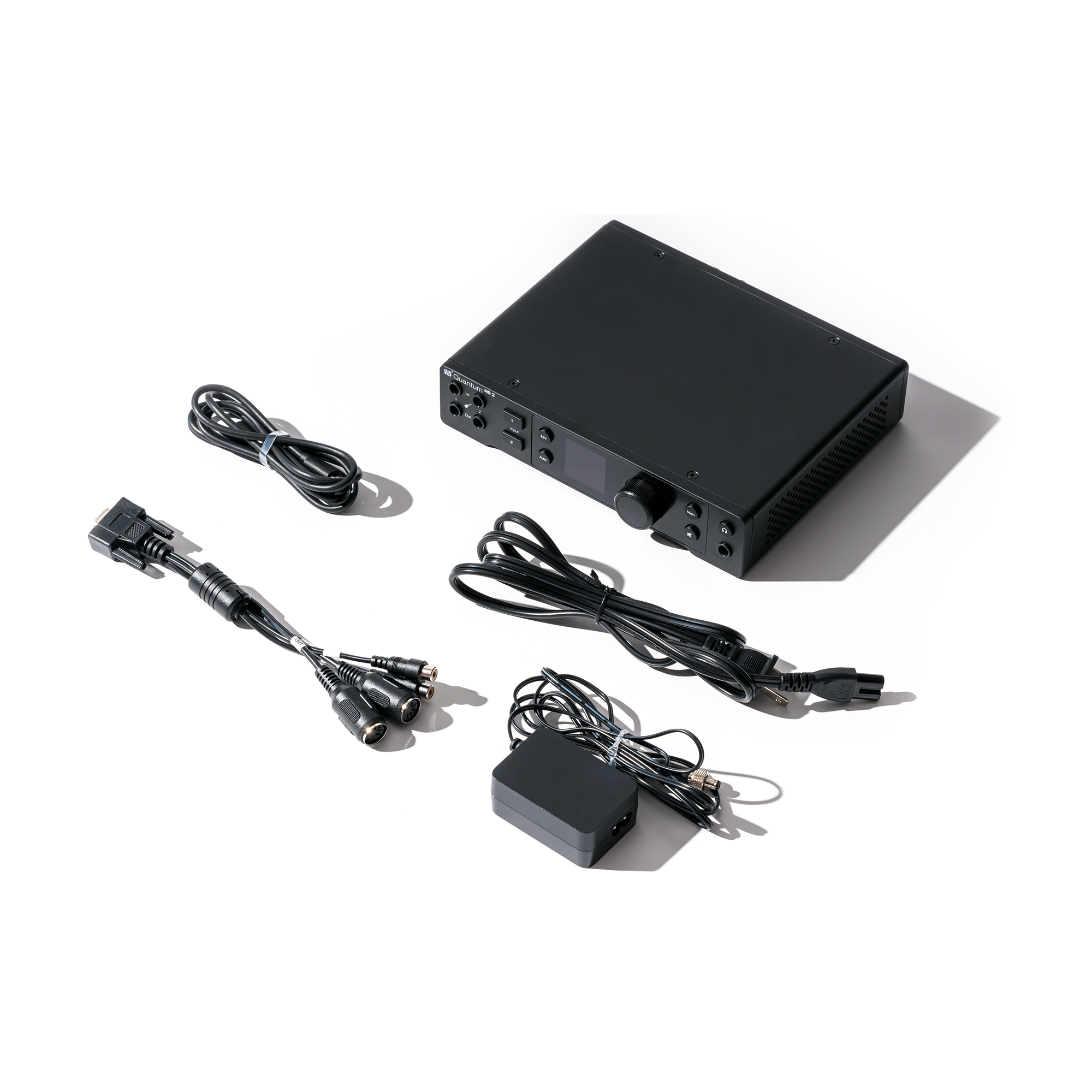 Top view of PreSonus Quantum HD 2 USB-C Audio Interface with accessories
