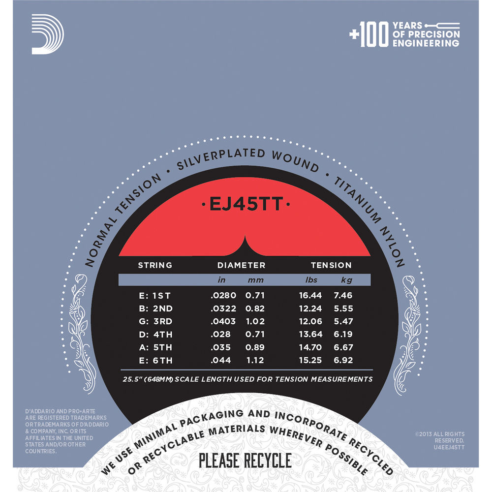 D'Addario Normal Tension Pro-Arte Dynacore Titanium Trebles Classical Guitar Strings