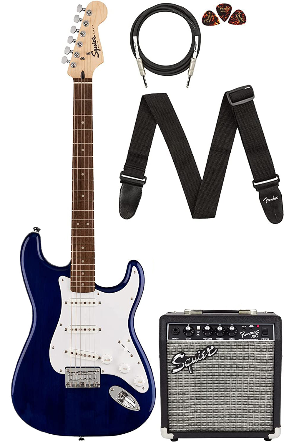 Fender Stratocaster HT Transparent Blue Bundle with Frontman 10G Amplifier