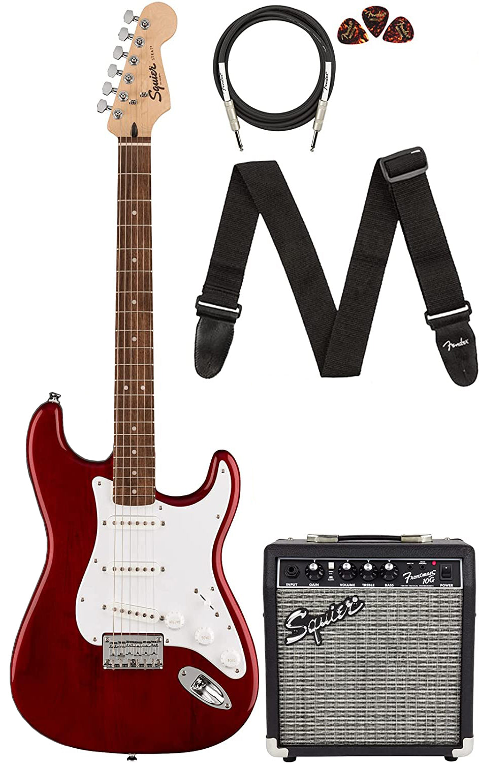 Squier by Fender Stratocaster HT Electric Guitar Bundle - Crimson Red Transparent