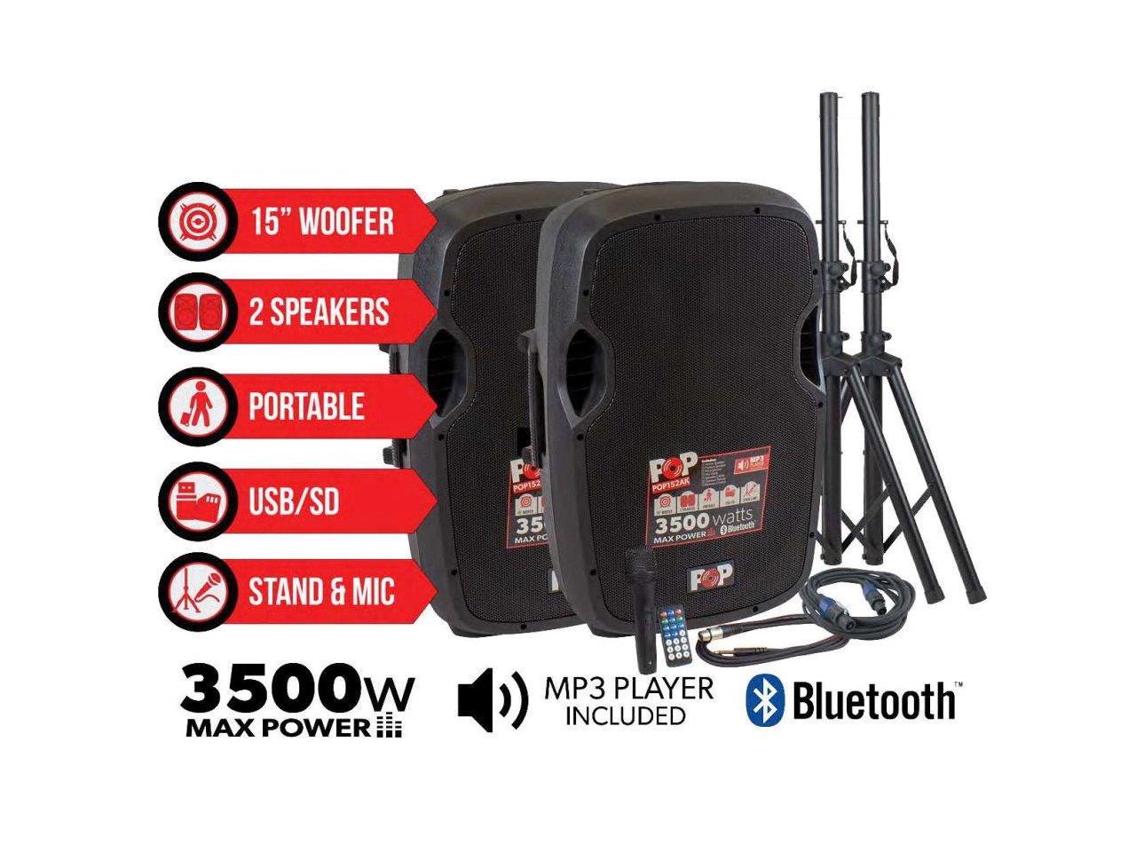 Blastking POP152AK 15" Bluetooth Active & Passive Speaker Box Combo with Stands Mic