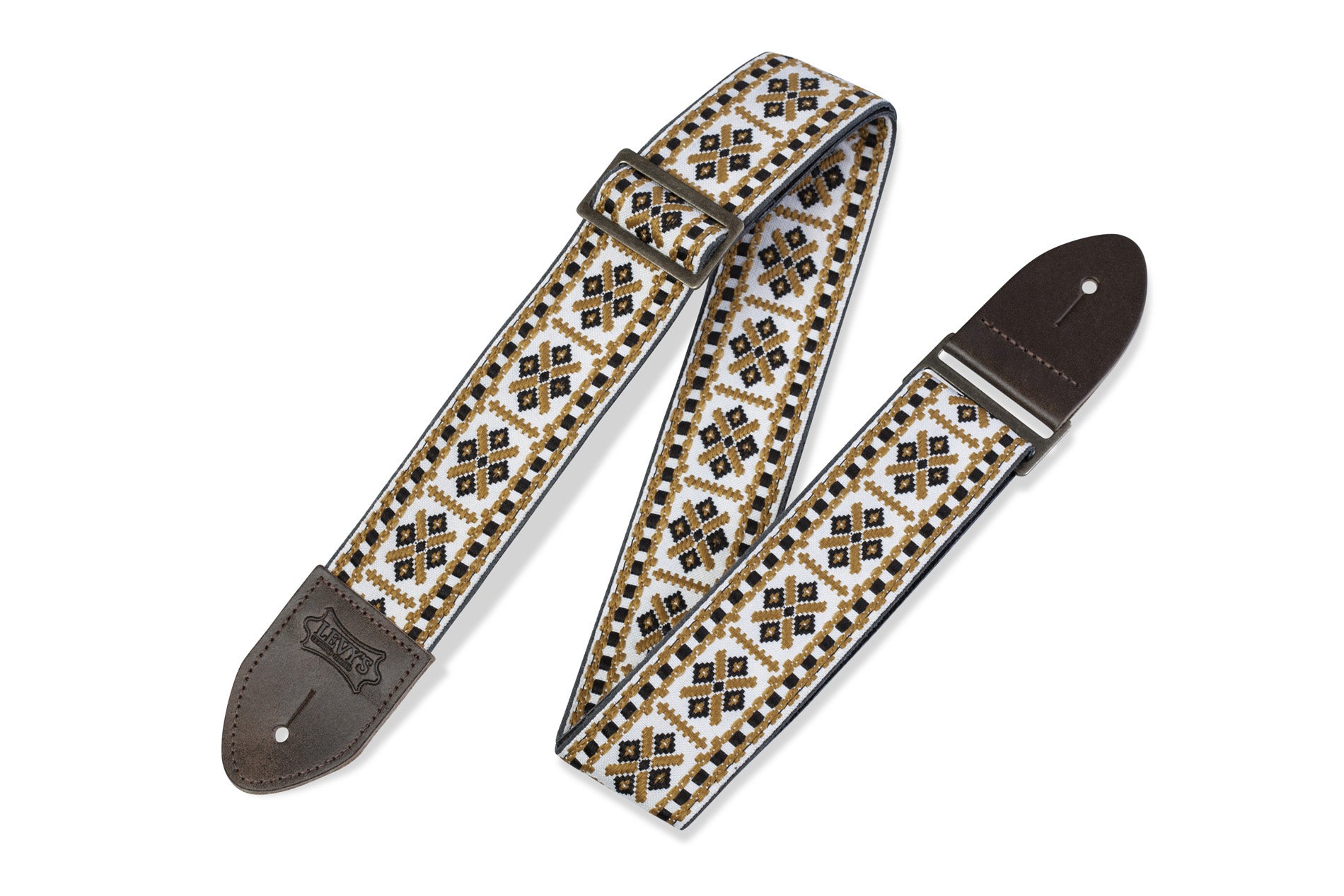 Levy's 2” Woven Guitar Strap with Diamond – Gold & White Motif