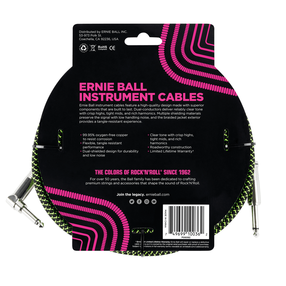 Ernie Ball 18' Straight to Angle Braided Instrument Cable Black and Green