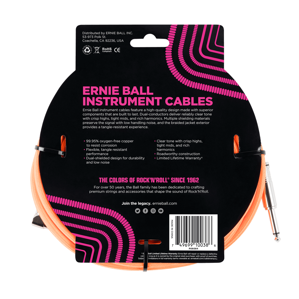 Ernie Ball 18' Straight to Angle Braided Instrument Cable Neon Orange