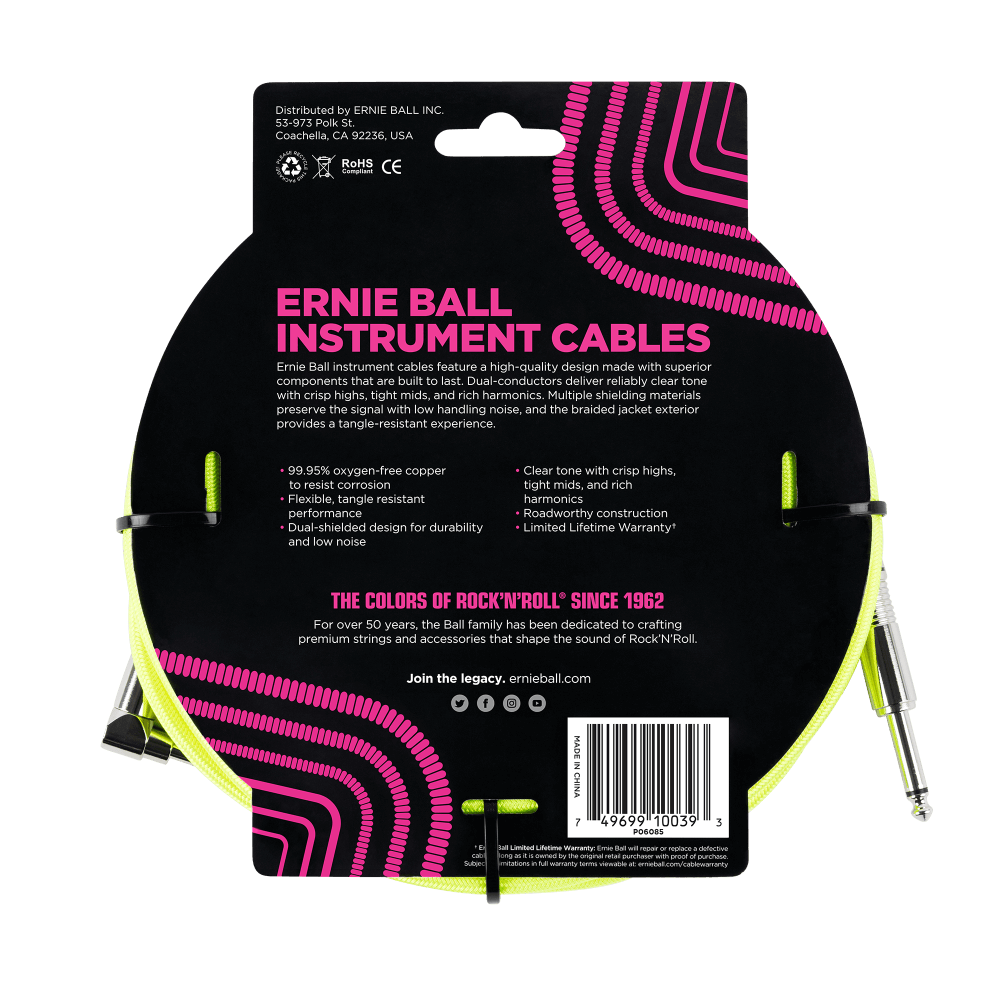 Ernie Ball 18' Straight to Angle Braided Instrument Cable Neon Green