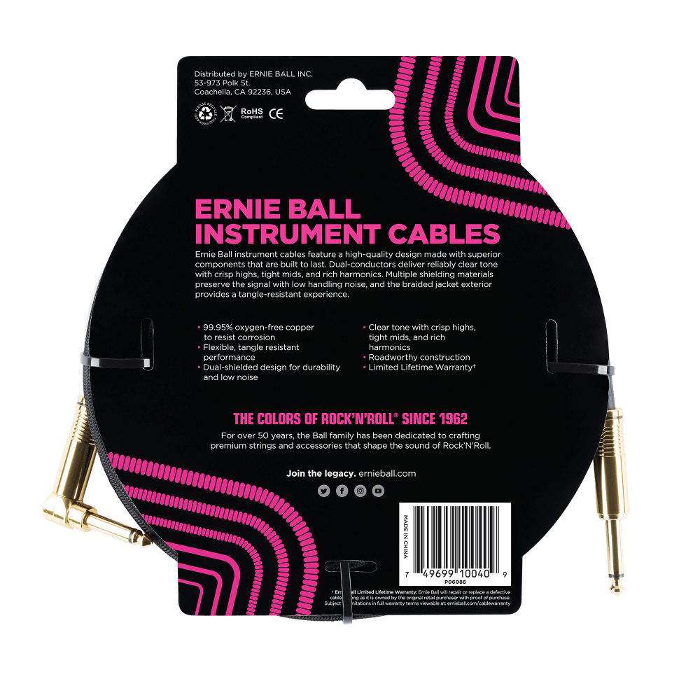Ernie Ball 18' Straight to Angle Braided Instrument Cable Black/Black