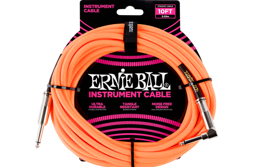 Ernie Ball 10' Straight to Angle Braided Instrument Cable Neon Orange