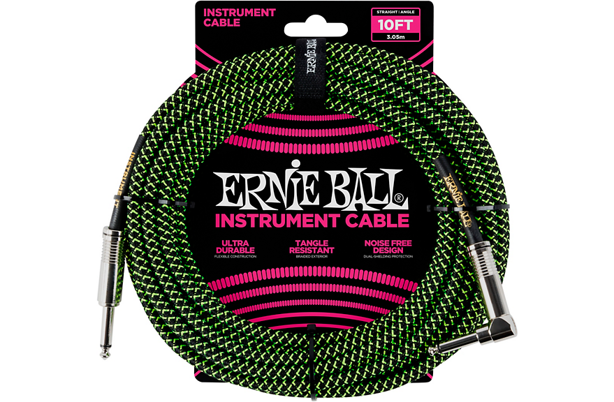 Ernie Ball 10' Straight to Angle Braided Instrument Cable Black and Green